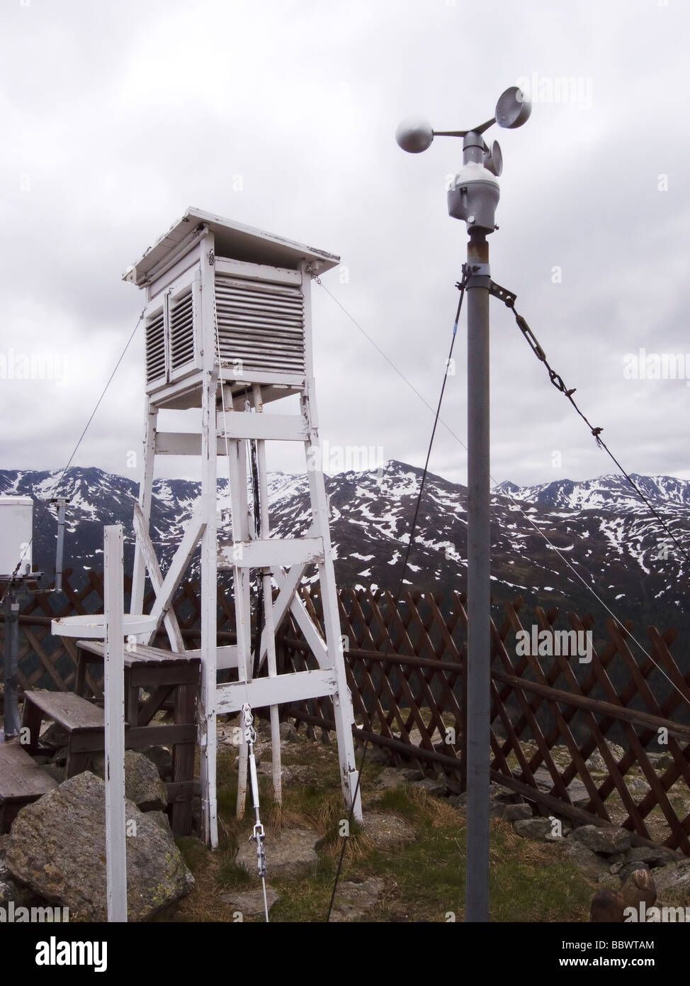 Un quadro sinottico stazione meteo con un Stevenson schermate e un anemometro sul Patscherkofel Innsbruck in Austria Foto Stock