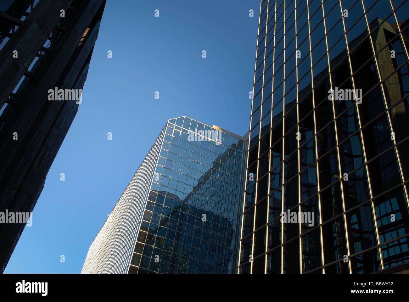Moderni grattacieli di vetro raggiunge verso il cielo in un ambiente urbano. Foto Stock