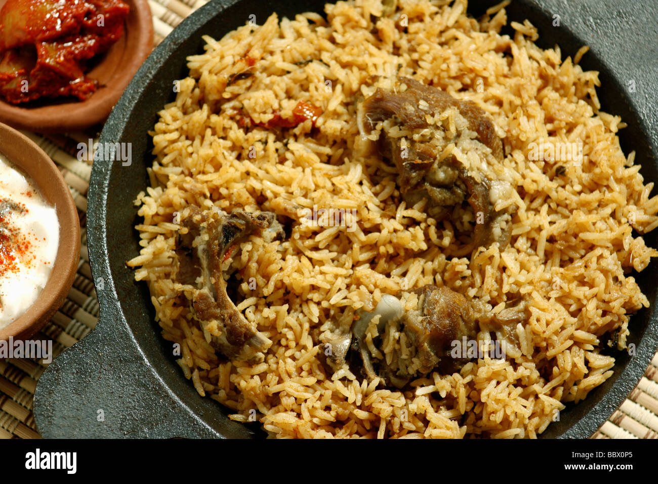 Carni di montone Gosht Biryani è a base di riso piatto preparato con riso e carne di montone e spezie Foto Stock