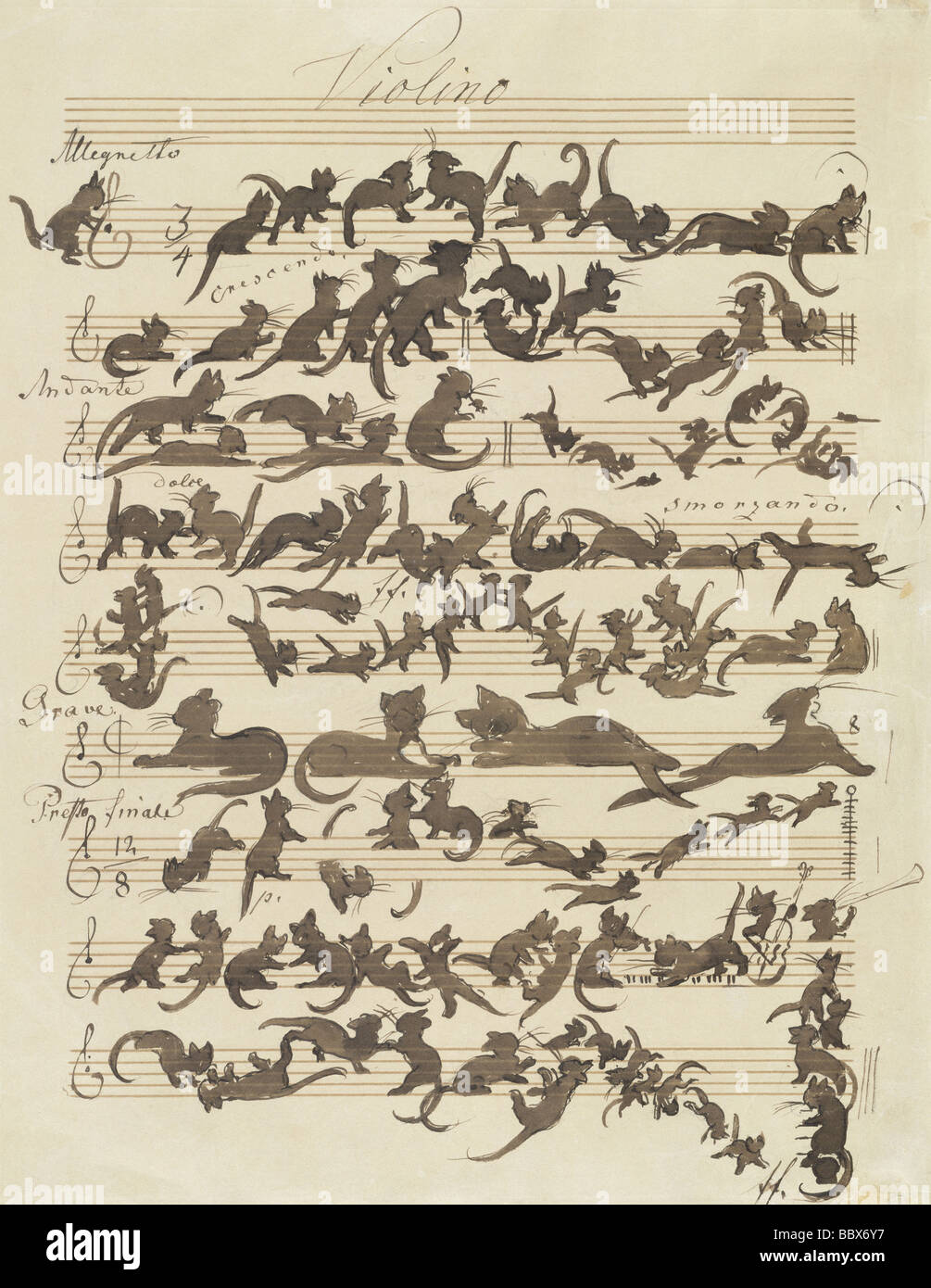 ÜF, Kunst, Schwind Moritz von (1804 - 1871), Grafik, 'Die Katzensymphonie' ('Le Chat Noir"), Zeichnung, Feder und Pinsel über Foto Stock