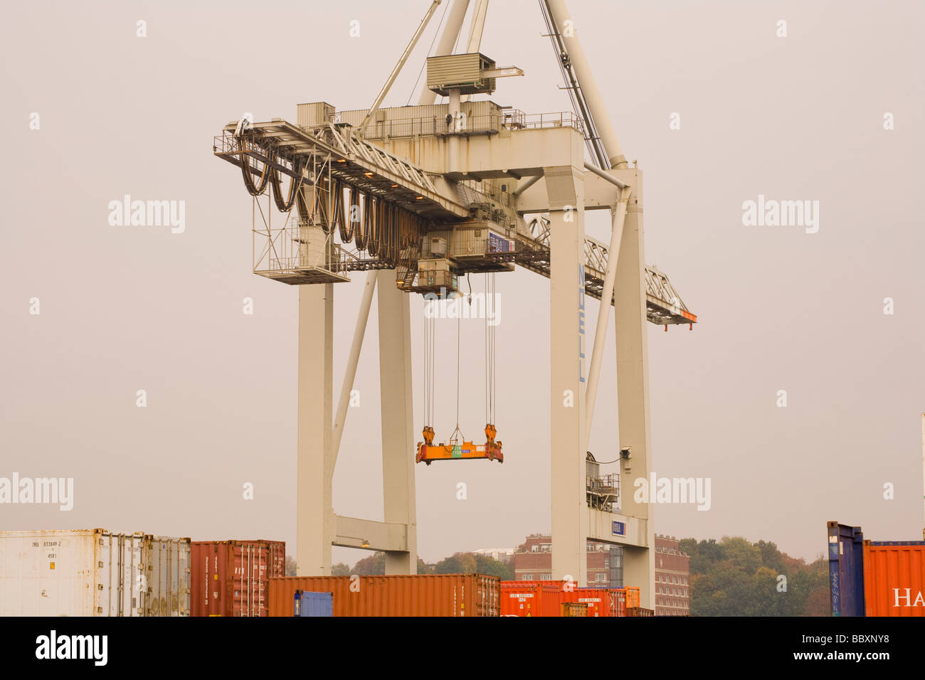 Una gru Post-Panamax scarica i contenitori ad un porto europeo. Foto Stock