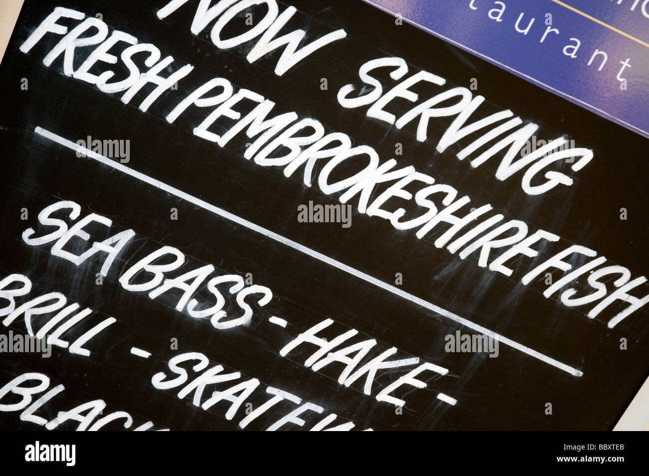 Il raccolto di Sandwich Board - servono freschi pembrokeshire pesce spigola & il nasello a saundersfoot West Wales Foto Stock