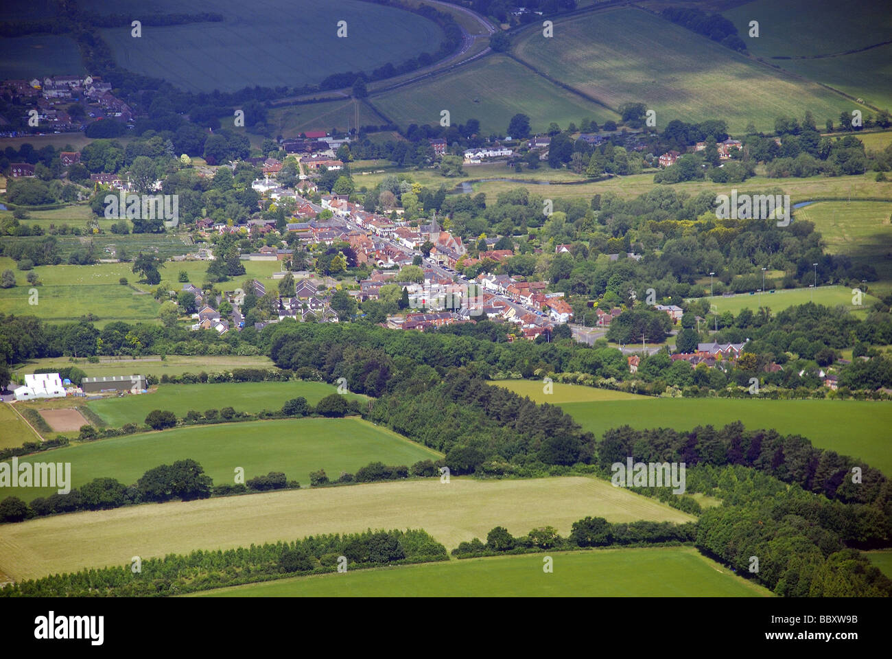 Vista aerea di stockbridge hampshire da sud che mostra la strada alta. Foto Stock