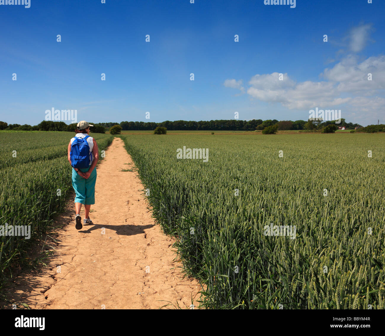 Donna di mezza età passeggiate in aperta campagna. Littlehampton, West Sussex, in Inghilterra, Regno Unito. Foto Stock