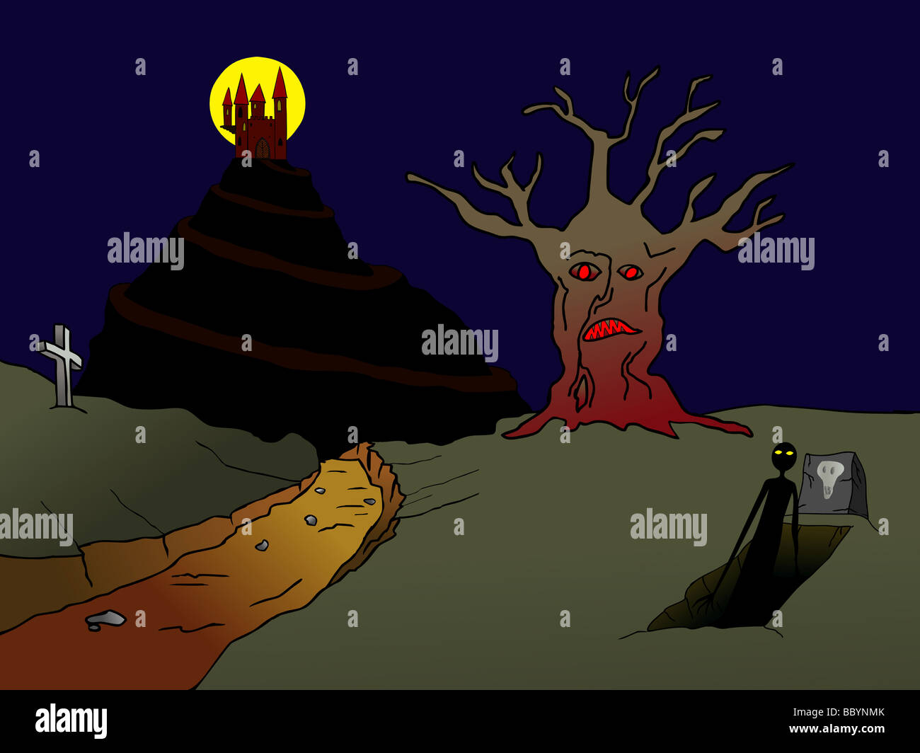 Haunted vecchio castello che si erge sulla collina e incubus ascendente dal grove Foto Stock