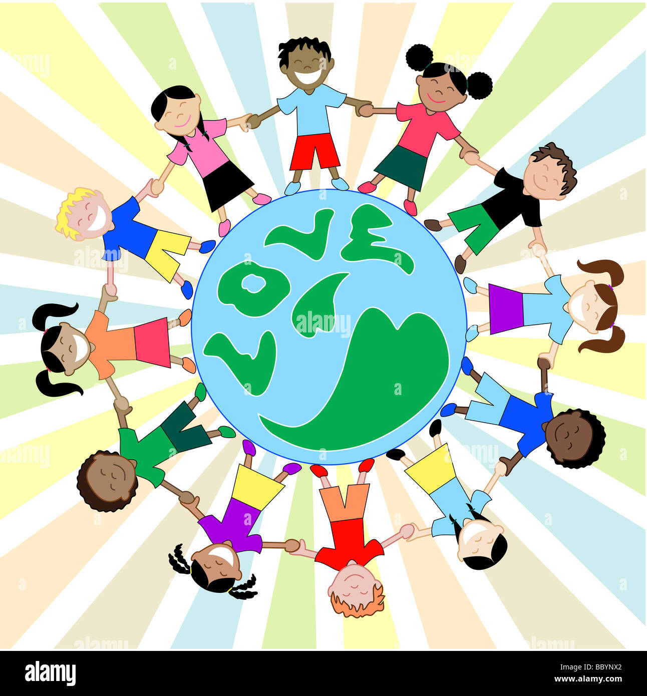 I bambini amano Globe intorno al mondo tenendo le mani in armonia Foto Stock