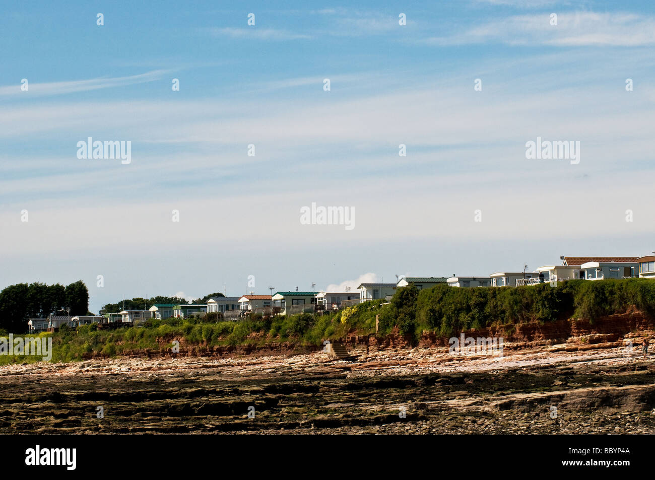 Una fila di case mobili sulla scogliera di Sully nel Galles del Sud. Foto di Gordon Scammell Foto Stock