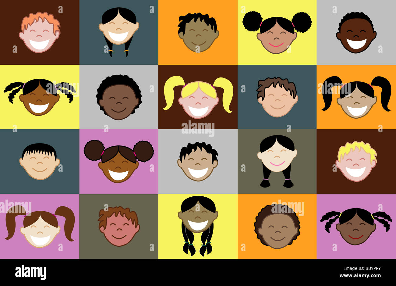 Venti diversi i volti dei bambini con sfondo colorato modello. Vedere altre immagini di questa serie. Foto Stock
