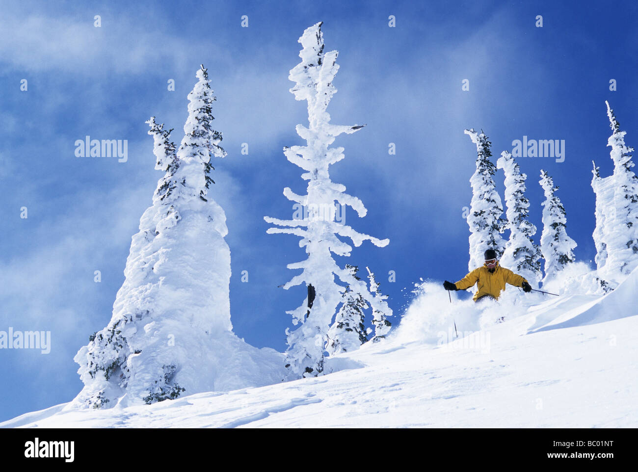 Maschio da solista facendo alcuni profondi sci fuoripista nel Montana backcountry. Foto Stock