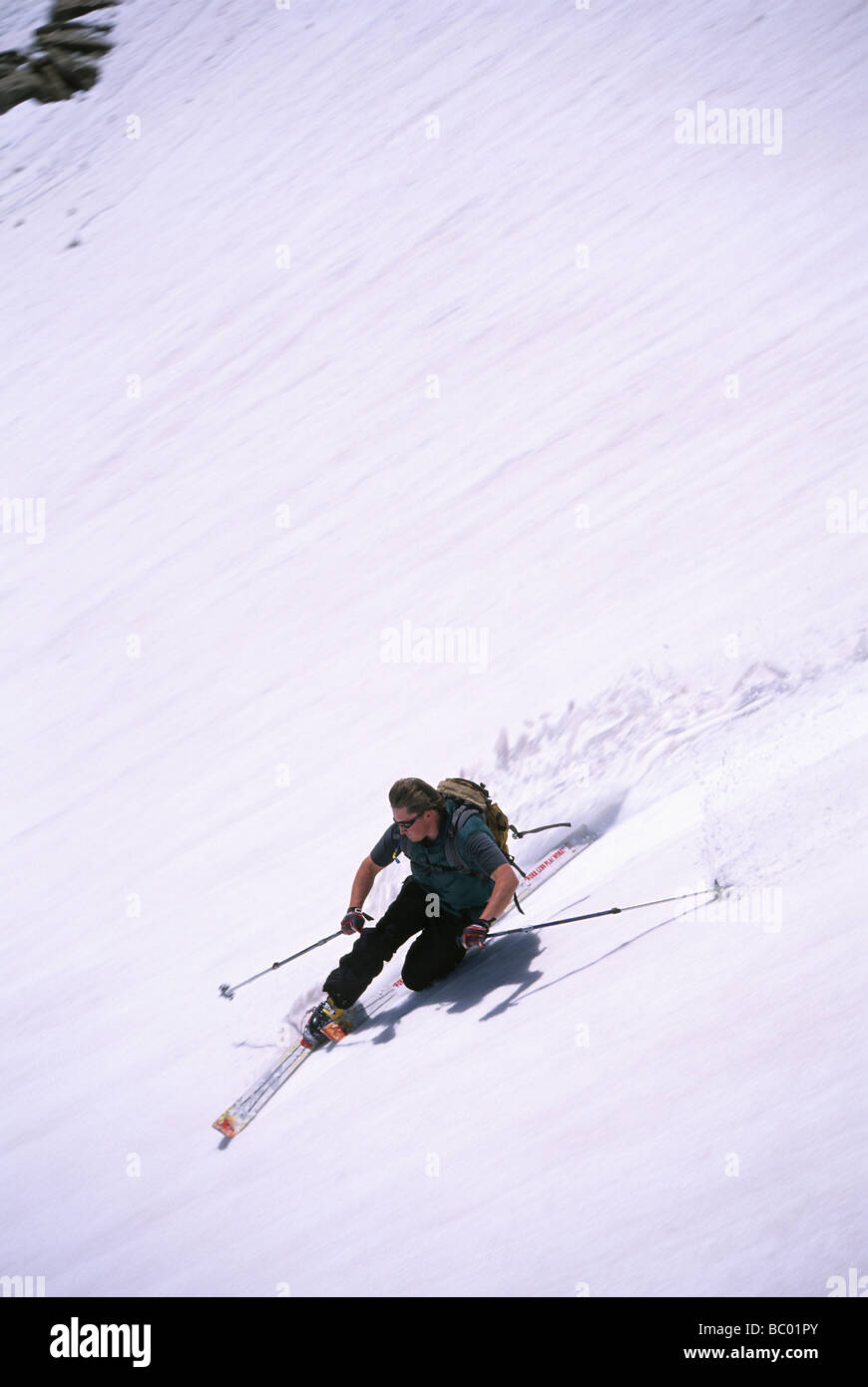 Maschio sciatore telemark strappando la molla pendii di Beartooth Pass sulla Montana sul confine del Wyoming vicino al Parco Nazionale di Yellowstone. Foto Stock