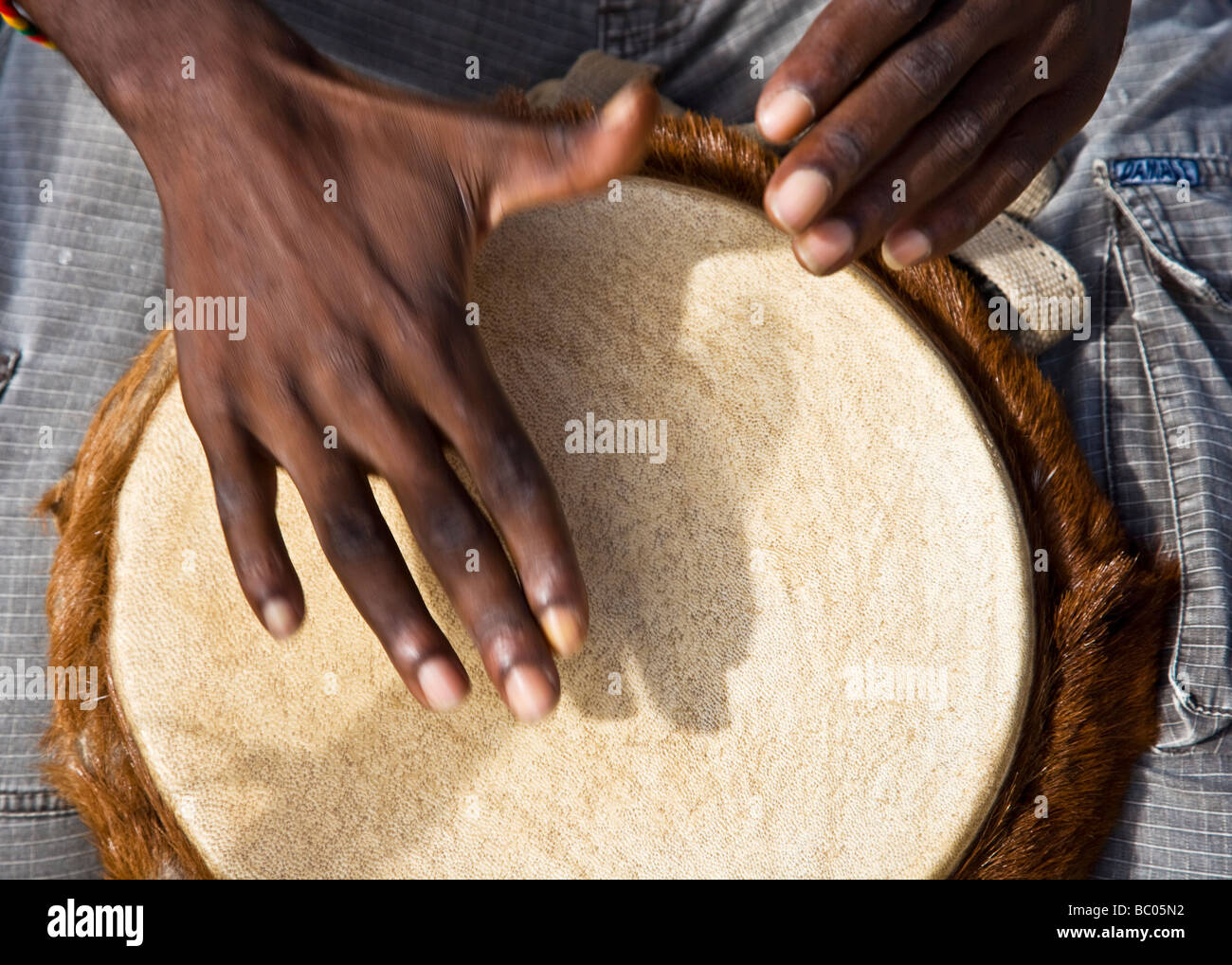 Inquadratura ravvicinata di un uomo nero con le mani in mano battendo un tamburo. Split tonica versione in bianco e nero a Alamy ref BC05NJ Foto Stock