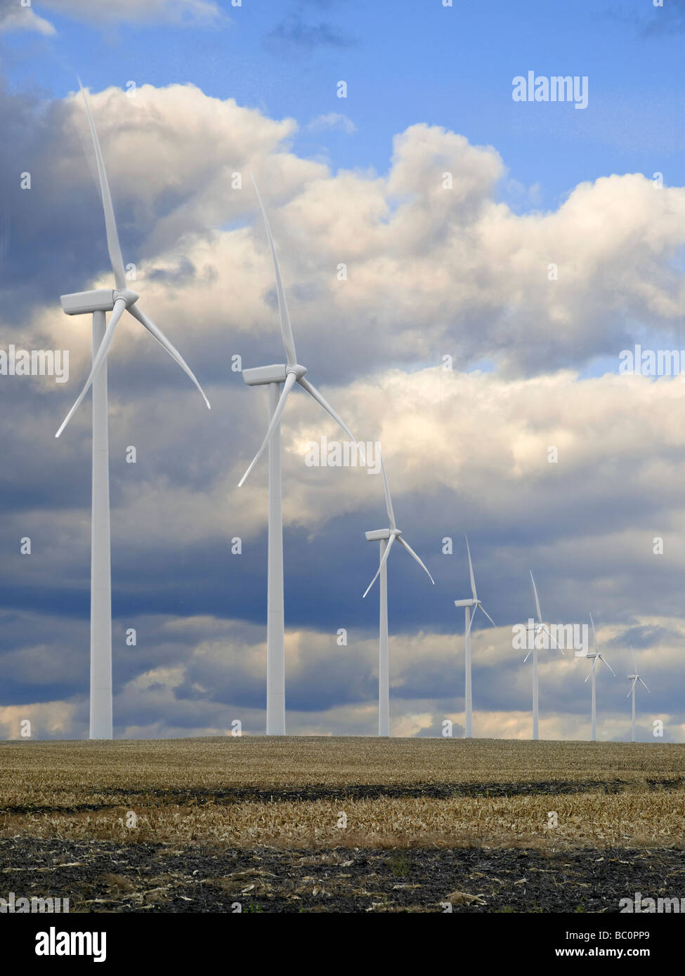 Fila di turbine eoliche Foto Stock