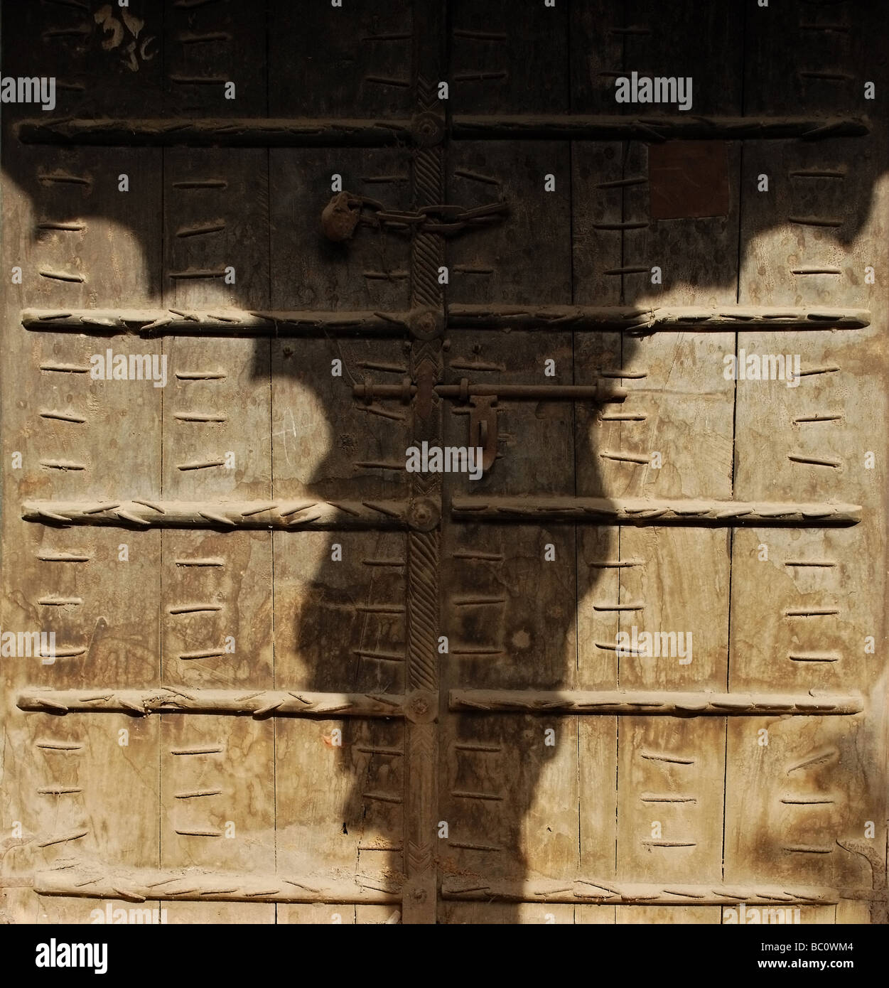 Una vecchia porta di legno con ombra di arch presi in India Foto Stock