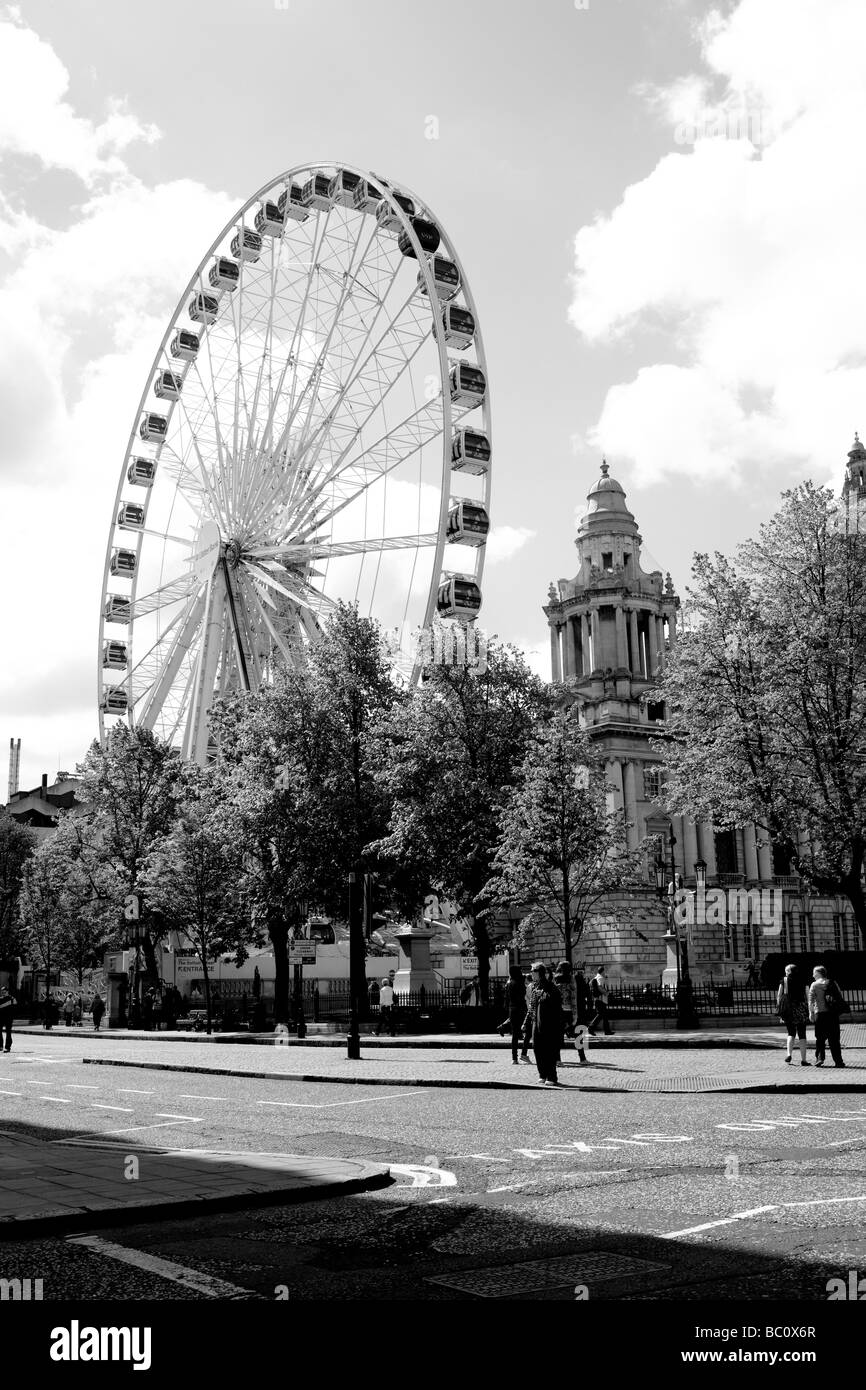 La grande ruota e gli alberi nella parte anteriore del Belfast City Hall , Irlanda del Nord, Regno Unito Foto Stock