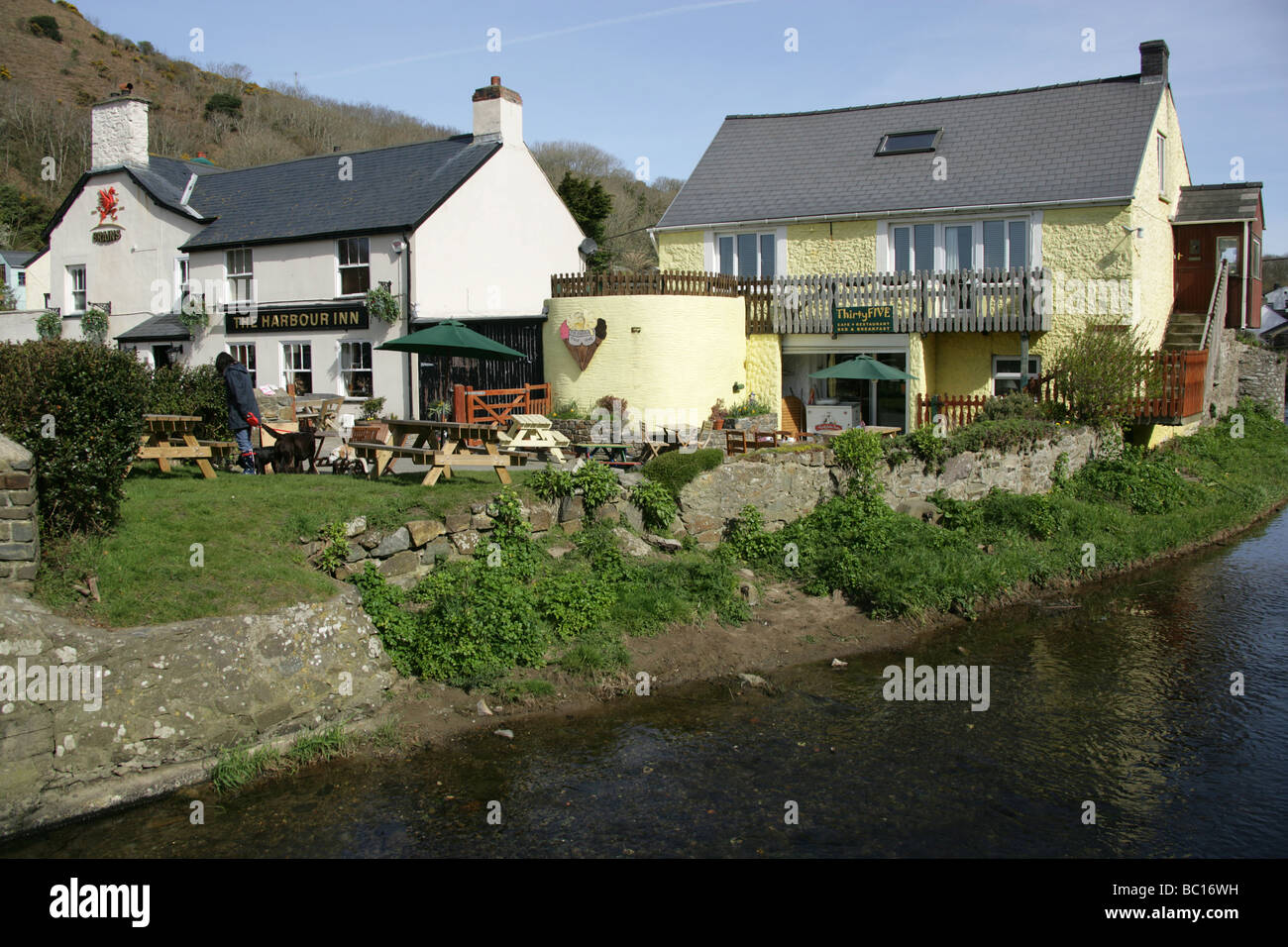 Il villaggio di Solva, Galles. Café 35 bed and breakfast e il porto Inn public house dalle rive del fiume Solva. Foto Stock