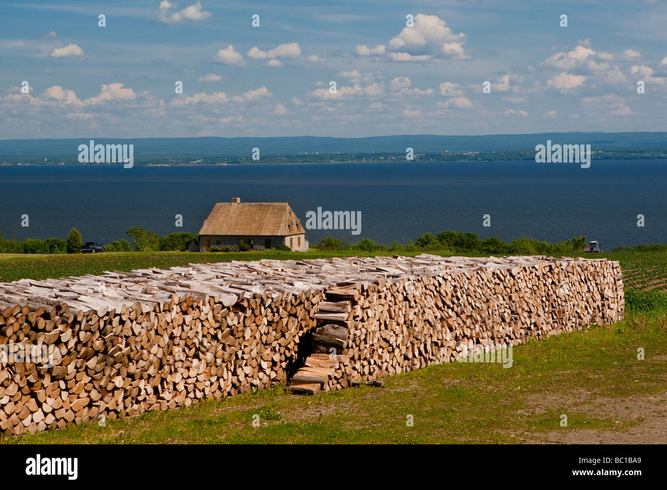 Corde di legno sono visibili nella parte anteriore di uno stile della Normandia house di Saint Jean de l'Ile d Orlean in Quebec, Canada Foto Stock