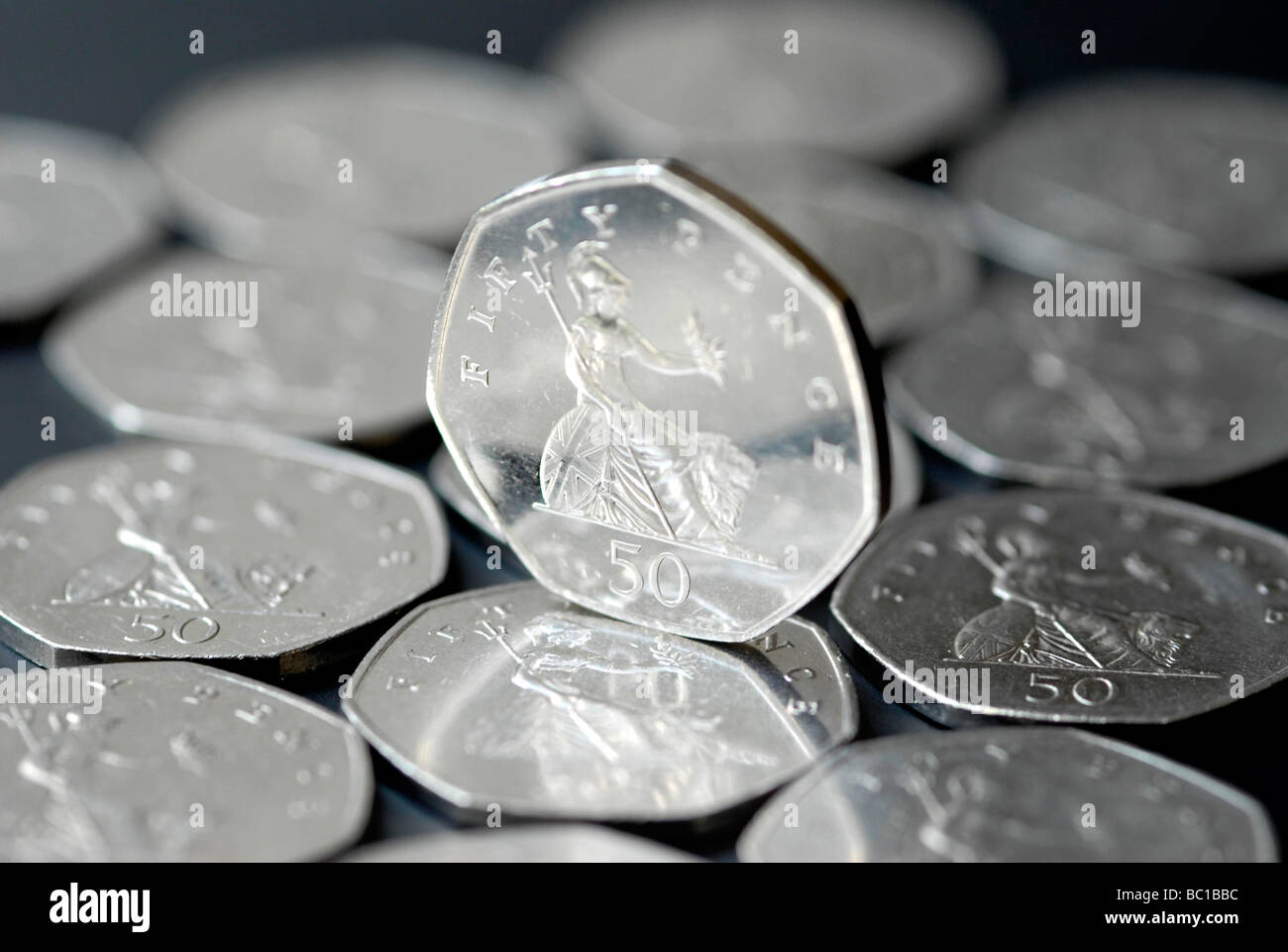 Cinquanta pence pezzi Foto Stock