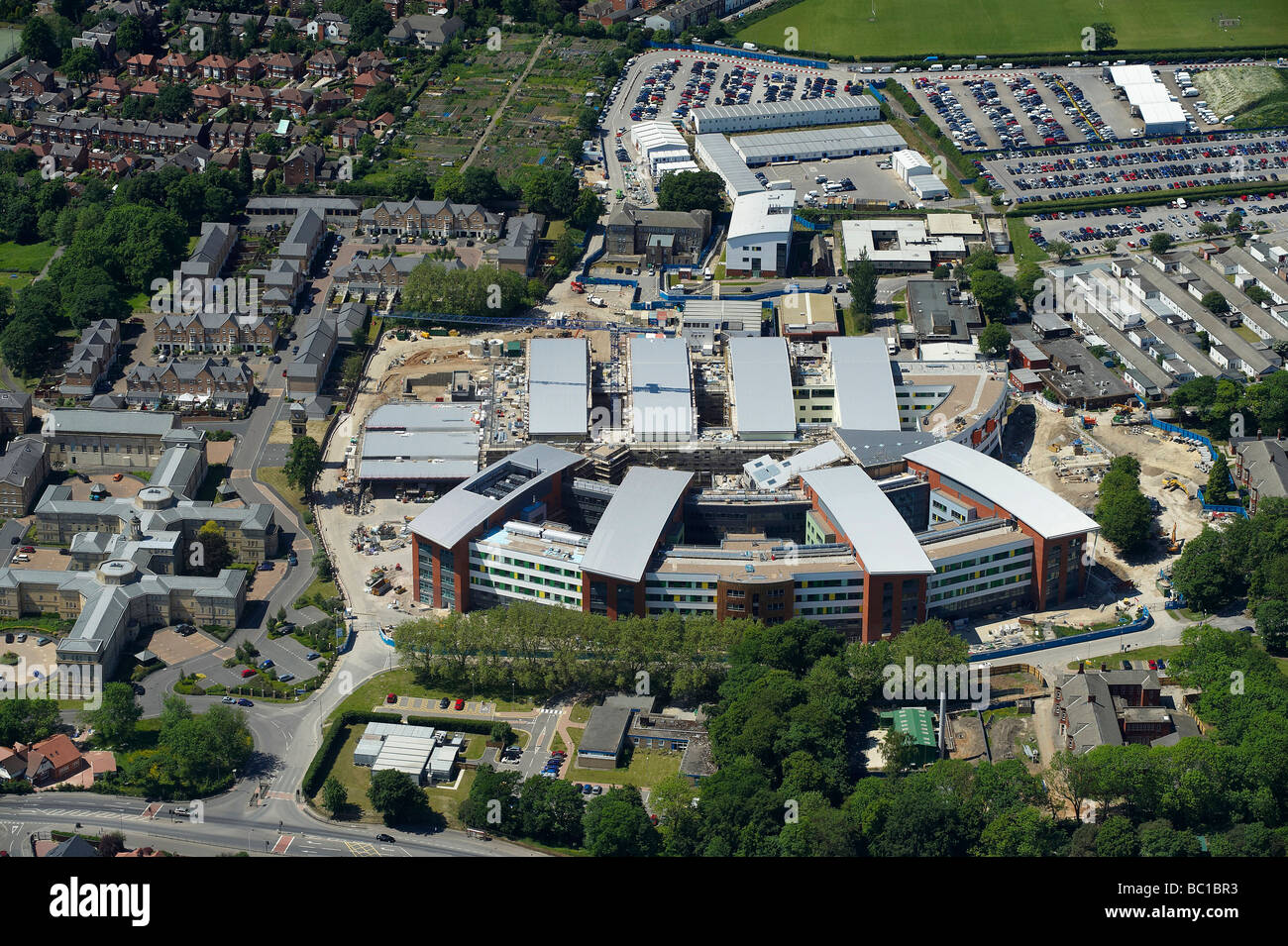 Nuovo Ospedale Pinderfields Wakefield, dall'aria, Progetto PFI in via di completamento, West Yorkshire, Regno Unito Foto Stock