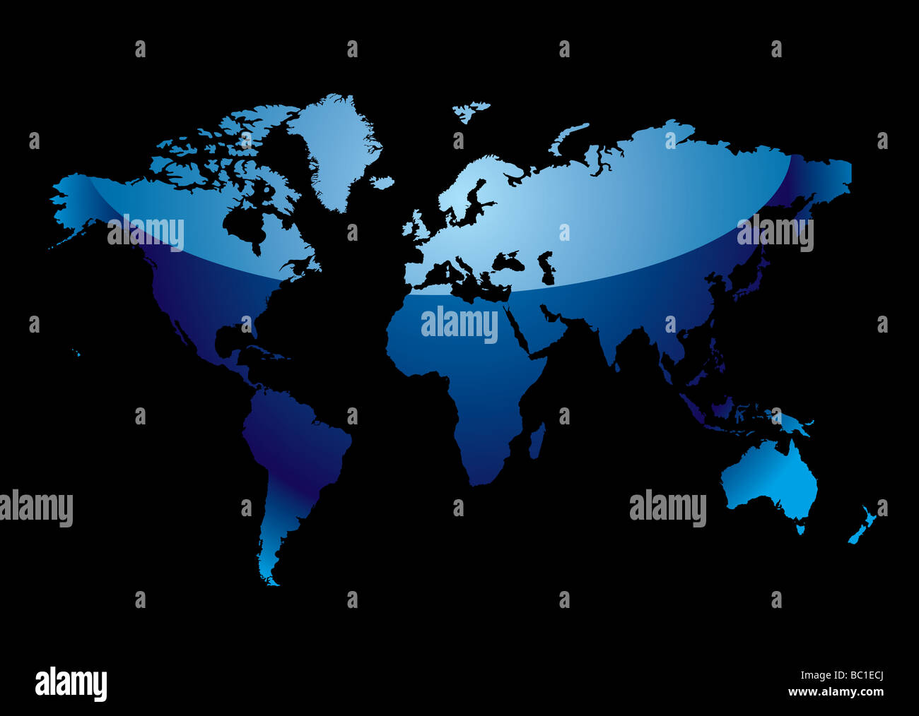 Blue mappa del mondo con la luce di riflessione e di sfondo nero Foto Stock