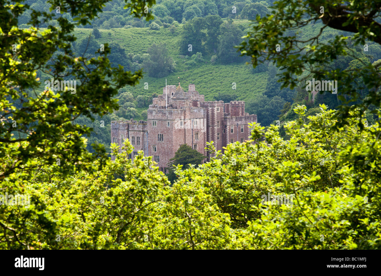 Il Castello di Dunster visto attraverso gli alberi Somerset England Regno Unito Foto Stock