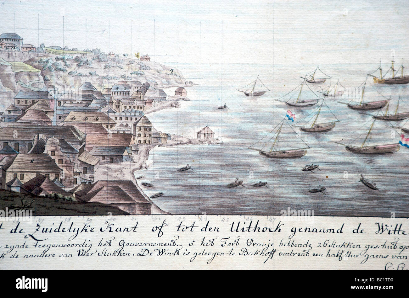 Disegni storici del porto di colonial Sint Eustatius Foto Stock