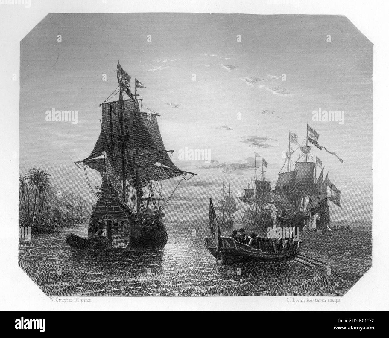 La prima nave Olandese nelle Indie Orientali, 1596, (c1870). Artista: Van Kesteren Foto Stock