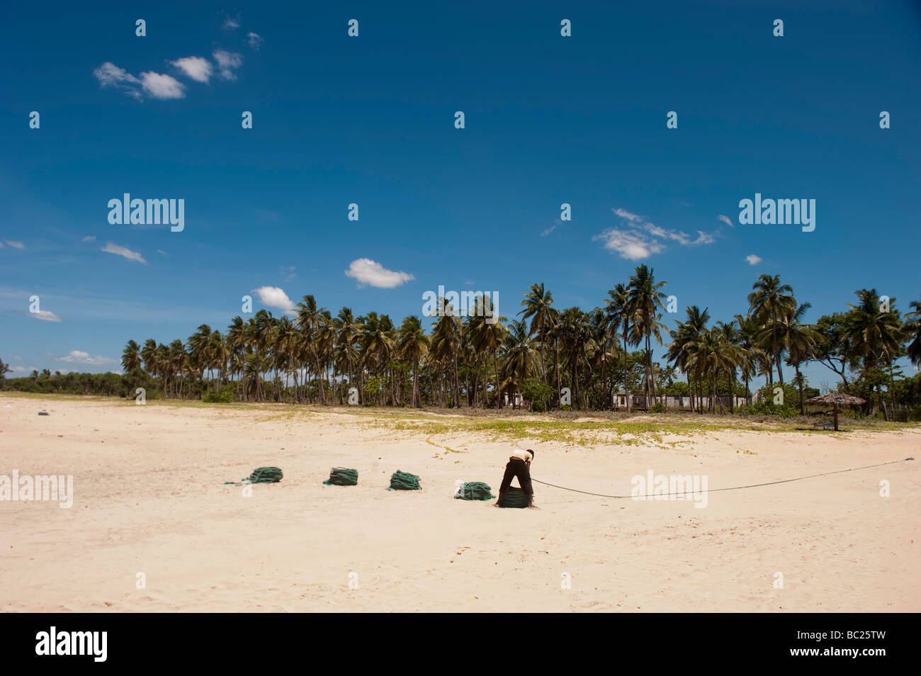 Niliveli nilaveli beach palme da cocco blu cielo chiaro Piccole nuvole bianche 1 lavoro di pescatori sulla spiaggia di Trincomalee Sri Lanka Foto Stock