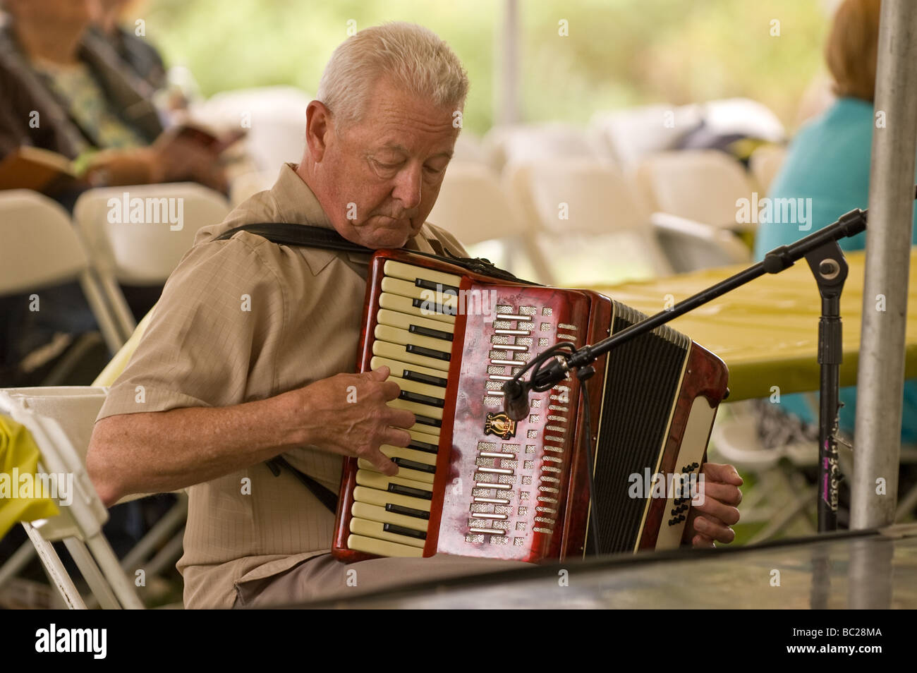Un uomo gioca il formare fisarmonica presso un locale festival irlandese a Irvine, California Foto Stock
