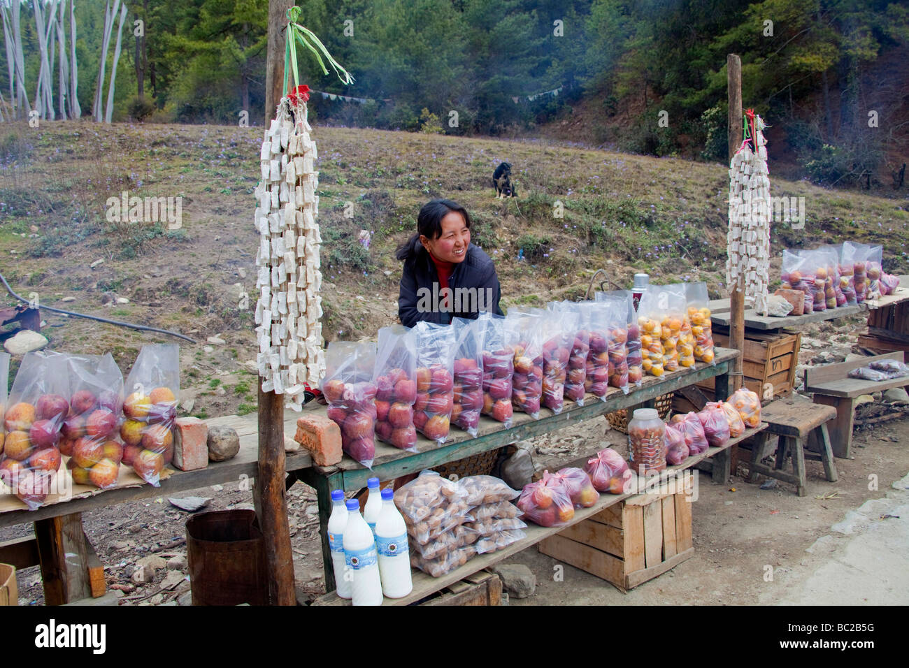 Venditore di mercato in Bhutan, vendita di mele e frutti sulla strada 91459 Bhutan-Tibetan Foto Stock