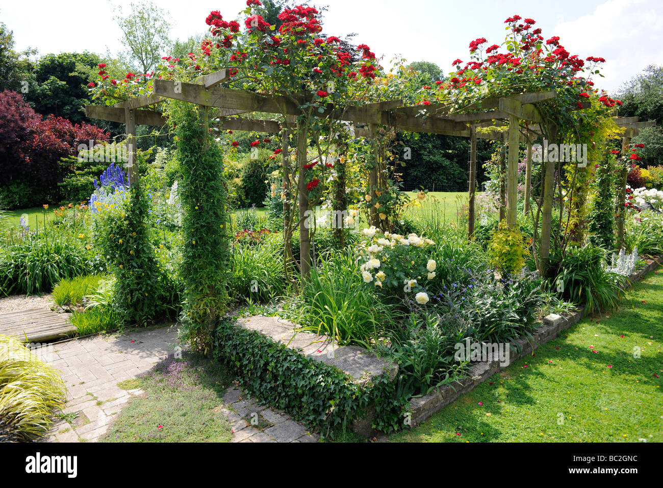 Giardino inglese con rose su una pergola, in Somerset Foto stock - Alamy