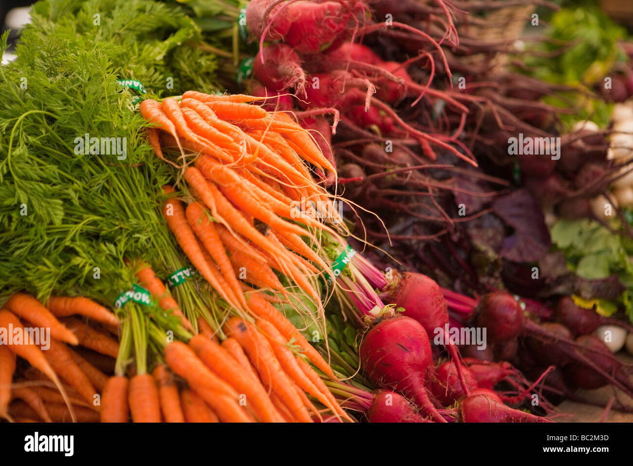 Le barbabietole e le carote in vendita presso l'agricoltore il Mercato di Santa Barbara in California Foto Stock