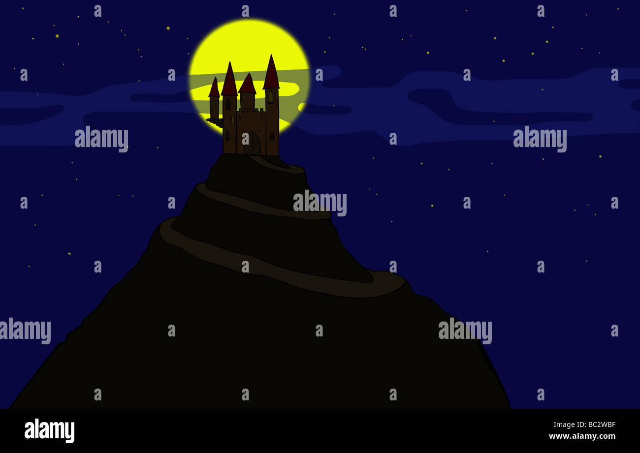Illustrazione del vecchio haunted castello che si erge sulla collina Foto Stock