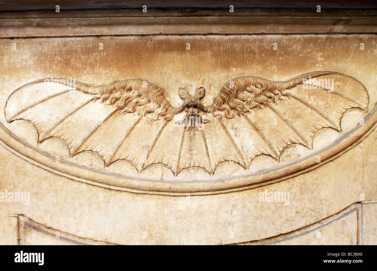 Realistiche,intonaco forma di un bat con ali diffusa su un palazzo a Firenze,l'Italia. Foto Stock