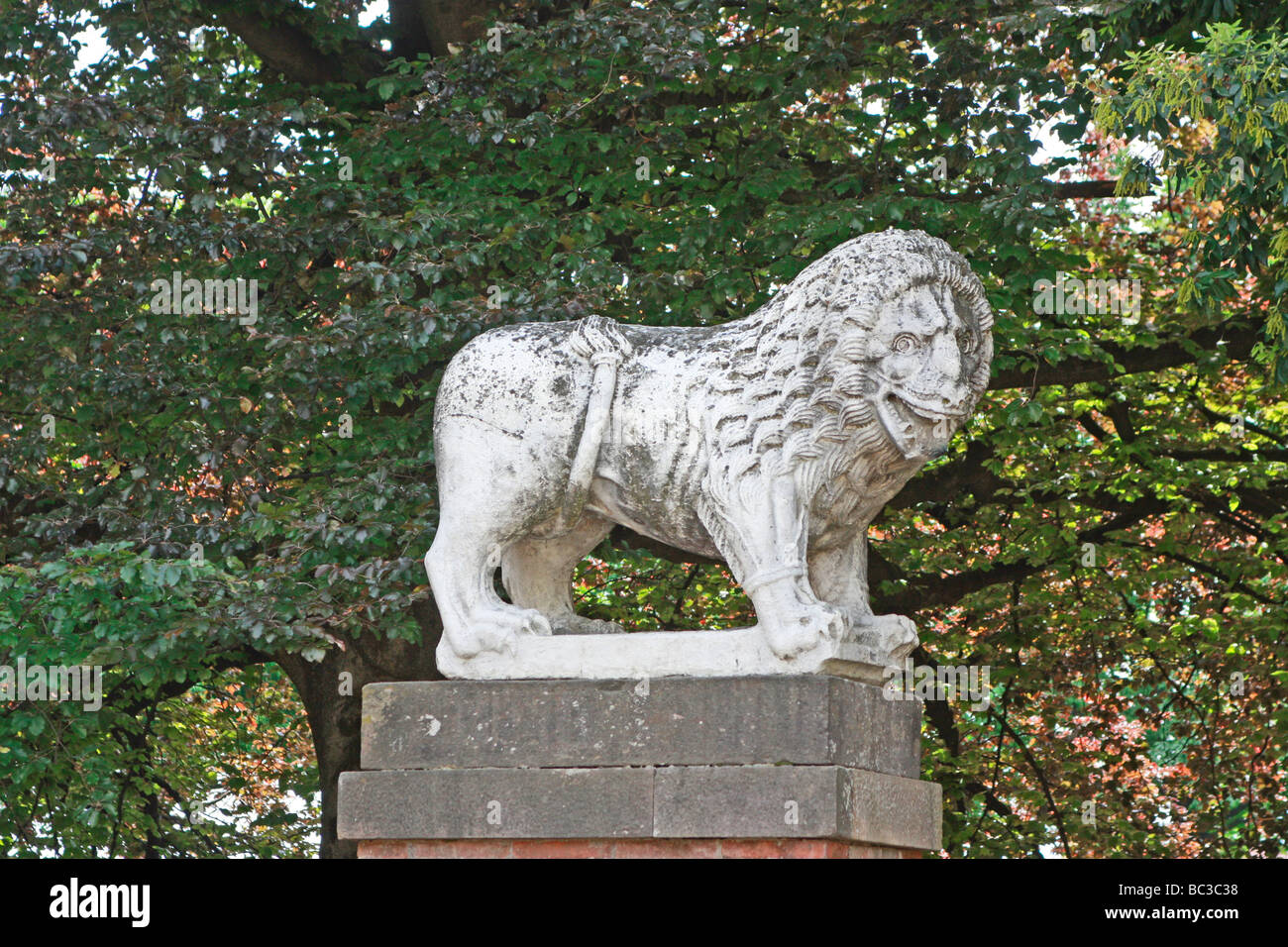 Antique leone di pietra si erige sulle famose mura di Lucca in Toscana,l'Italia, Foto Stock