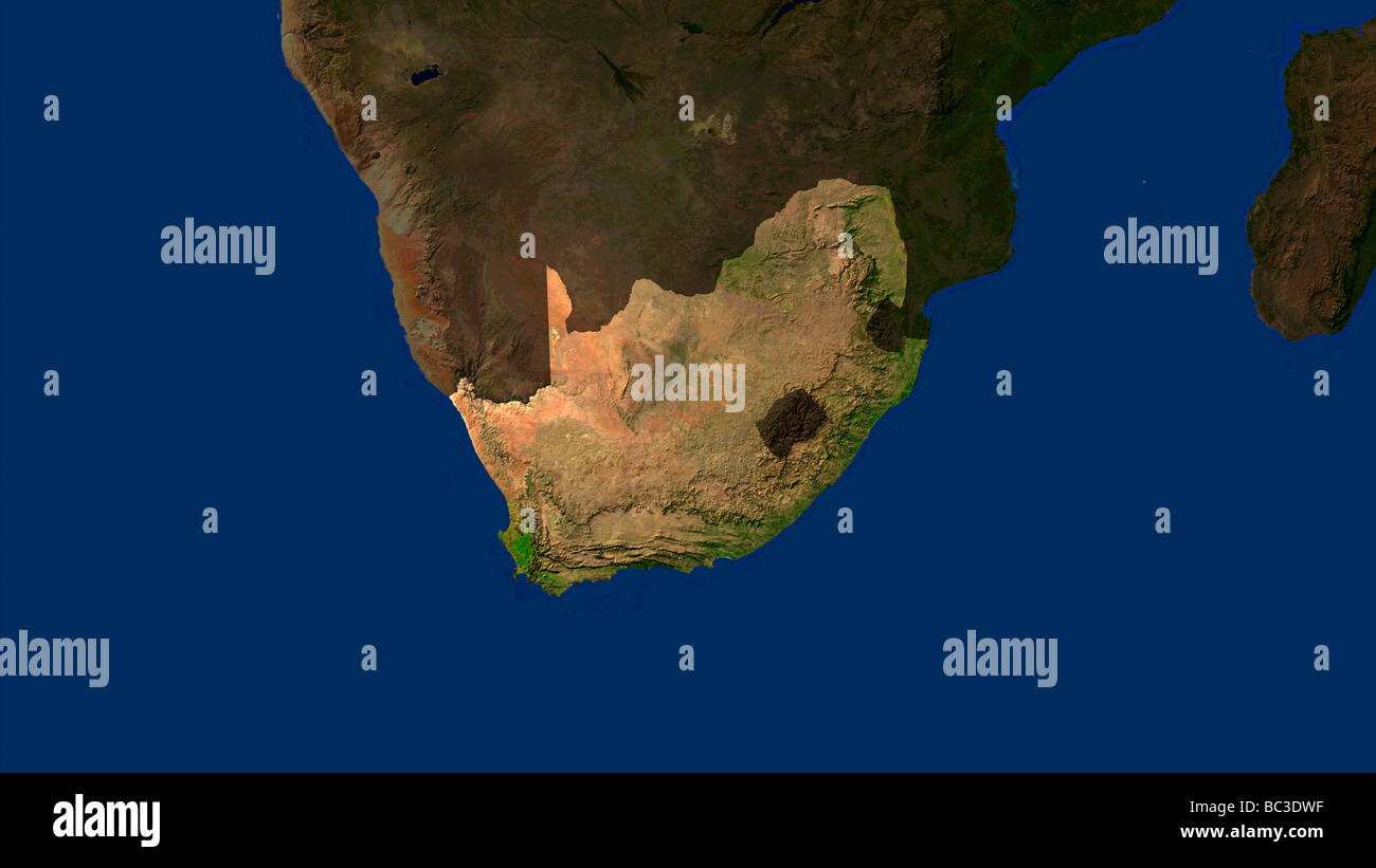 Immagine satellitare della Repubblica del Sud Africa con i paesi circostanti hanno oscurato Foto Stock