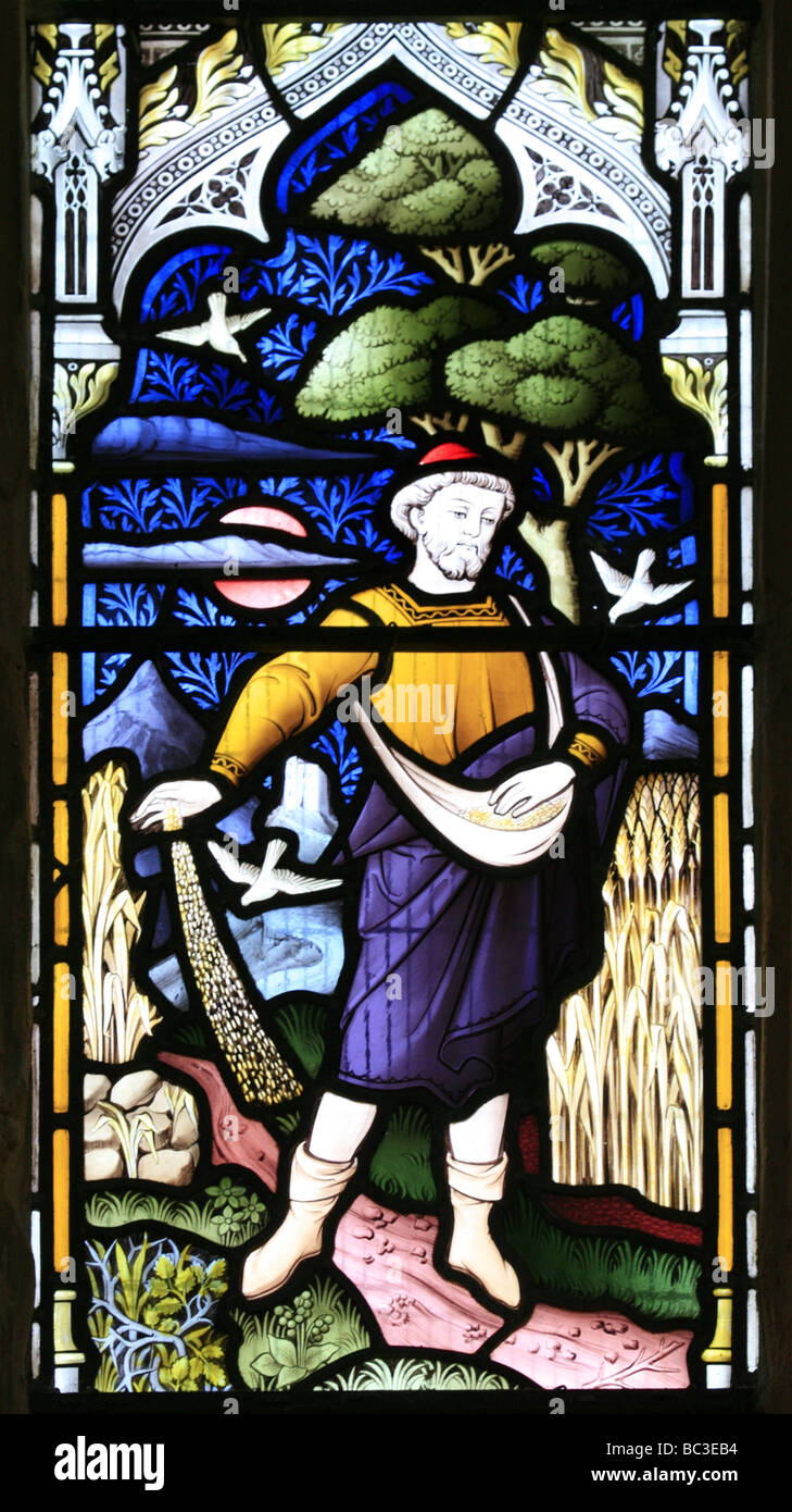 St Giles Church Chesterton Warwickshire vetrata raffigurante la parabola della falciatrice: Matteo capitolo 13 versetto 38 Foto Stock