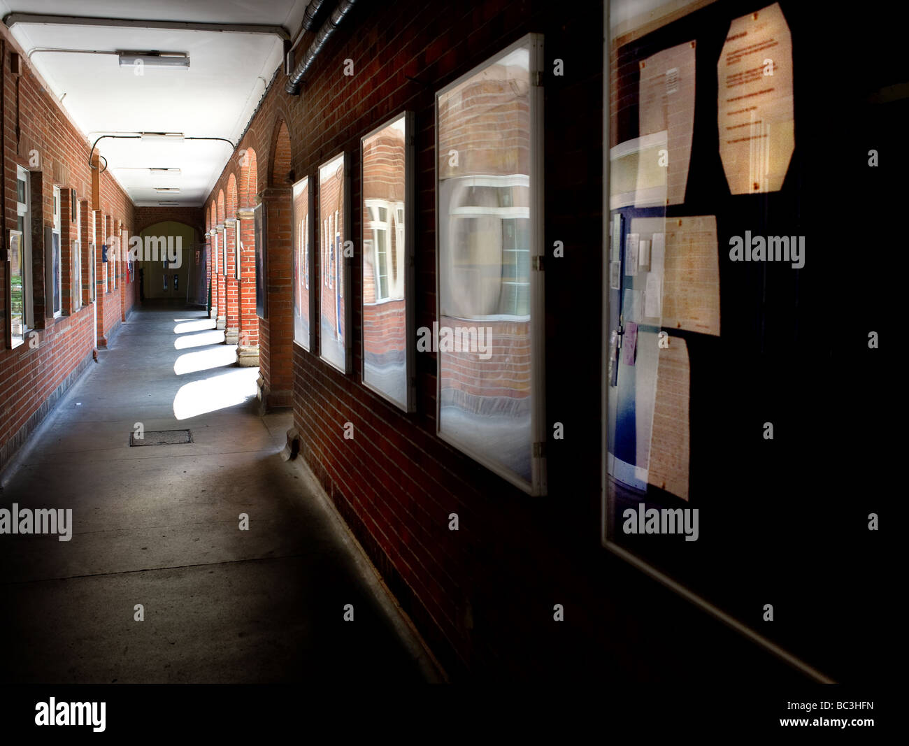 Un corridoio in una scuola con bacheche sul muro. Foto Stock