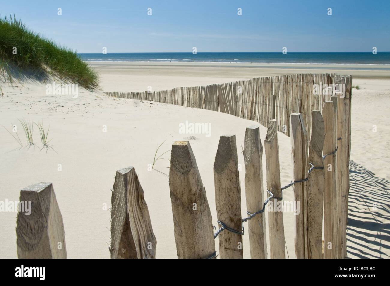 Semplice staccionata in legno proteggendo e conservando le dune di sabbia sulla Fort Mahon spiaggia nord della Francia Foto Stock