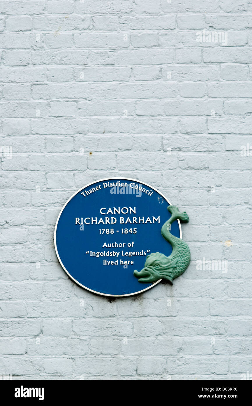 Targa blu sulla casa di Canon Richard Barham l'autore dell'Ingoldsby Legends, Margate, Kent, Inghilterra. Foto Stock