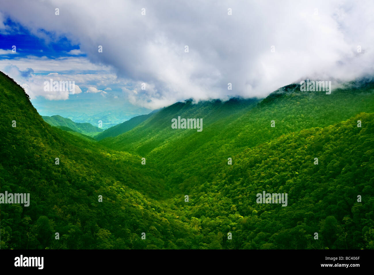 Valle di montagna con nuvole paesaggio tropicale Foto Stock