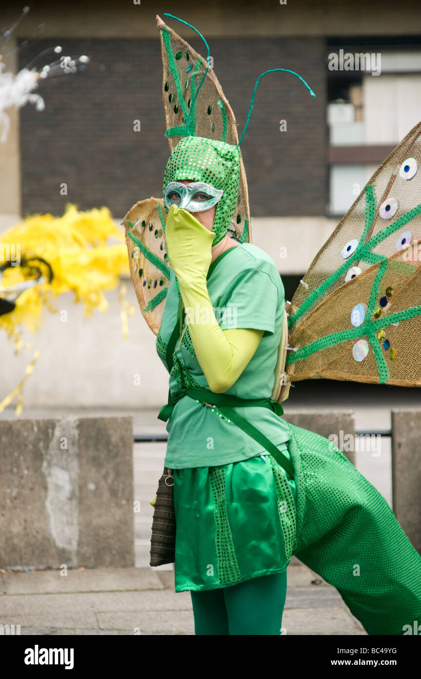 Timida femmina farfalla verde a forma di libellula che ricopre la faccia Foto Stock