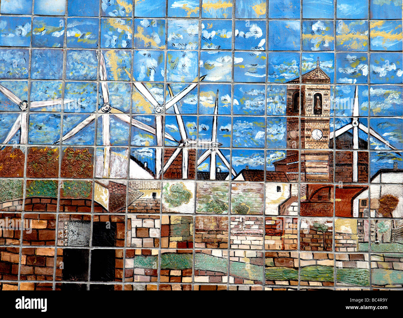 Spagna Aragona, città di La Muela. Dettaglio del murale in questo piccolo paese reso ricco da windpower. Artista Mariela Garcia Vivos Foto Stock