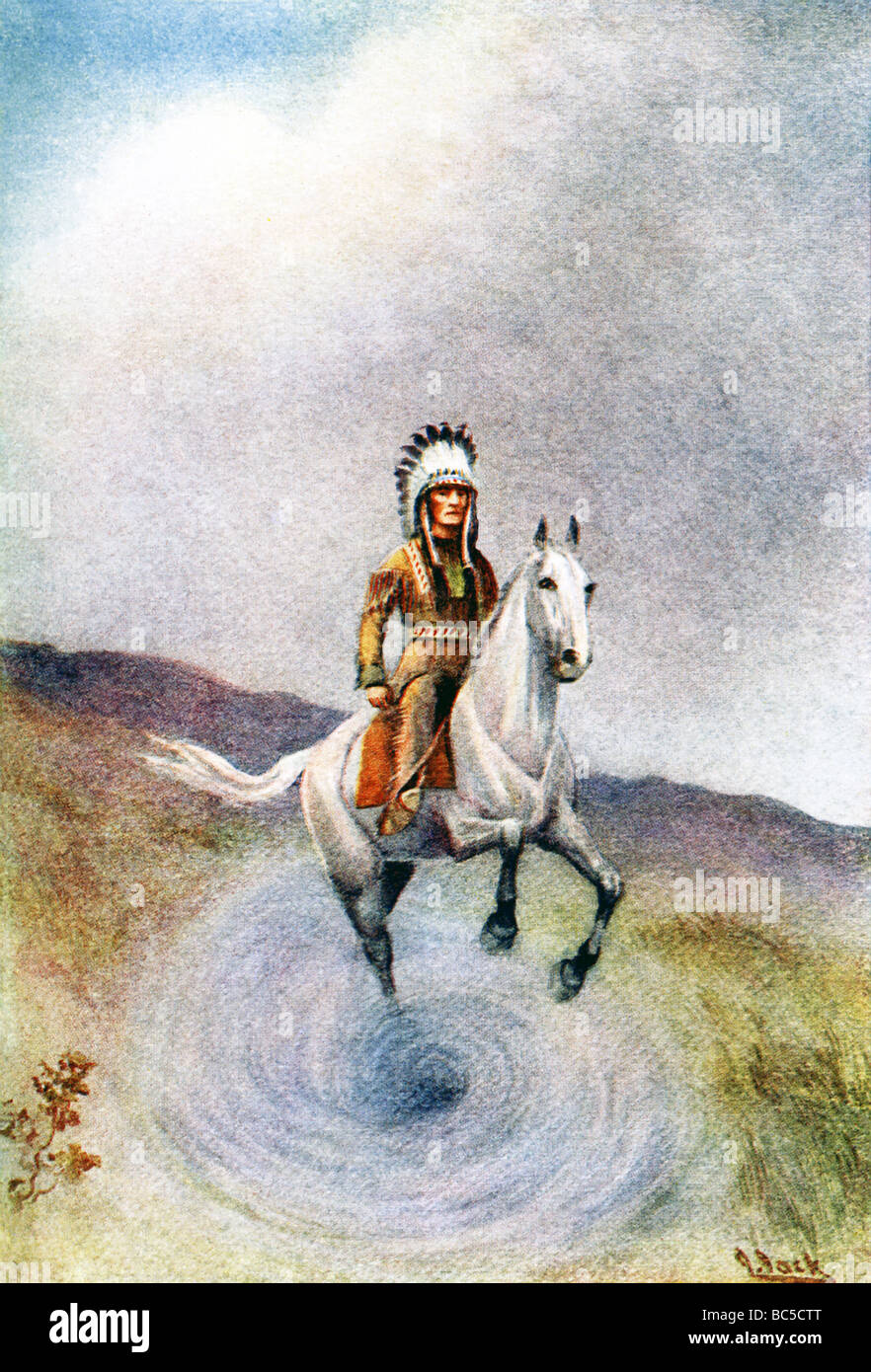 Native American mito del pretendente che recupera il capo del figlio da jumoing in una fossa e poi indietro emergenti nel mondo. Foto Stock