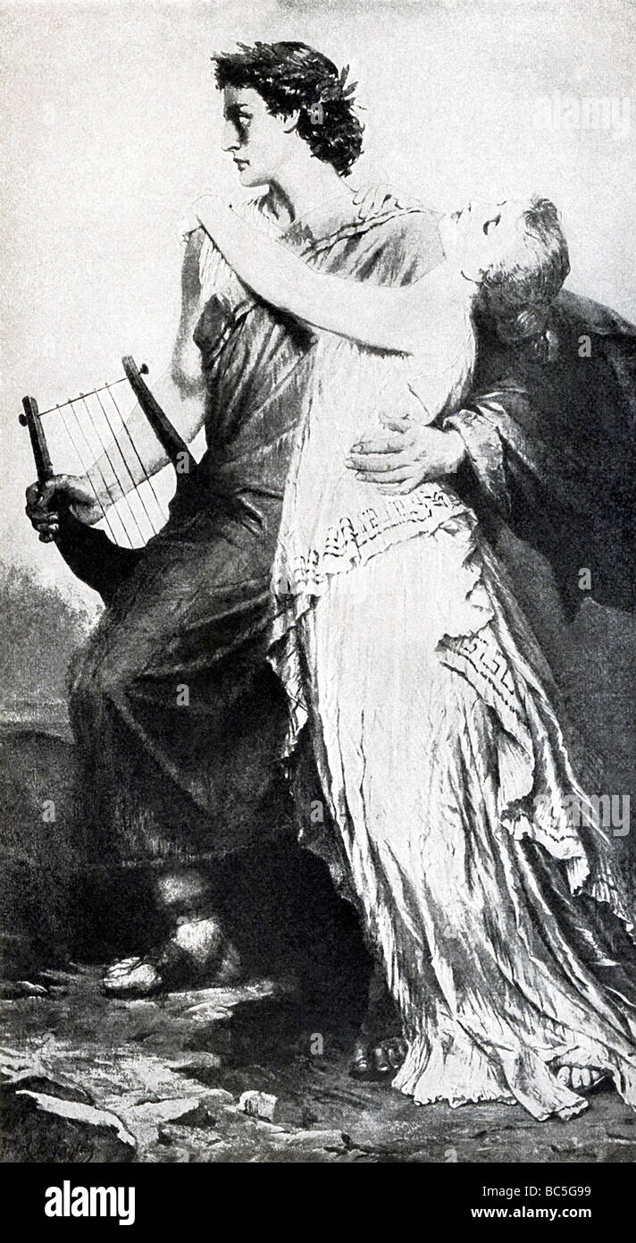 Greco eroe mitico Orfeo sul suo modo di briinging moglie morta Euridice torna alla Upperworld. Foto Stock