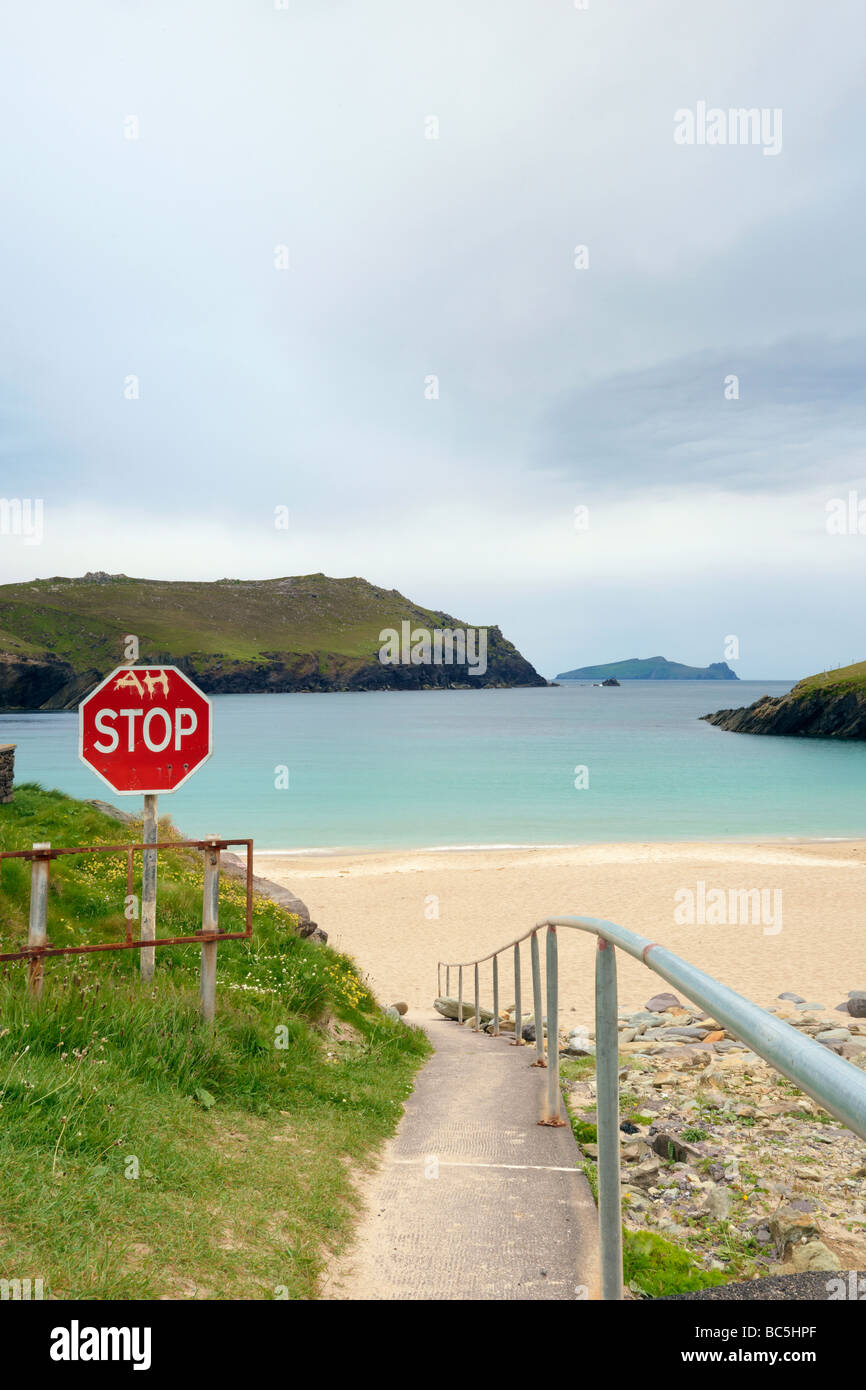 Il segnale di arresto con graffiti,sulla passerella che conduce alla spiaggia di Clogher Head, Co.Kerry, Irlanda Foto Stock