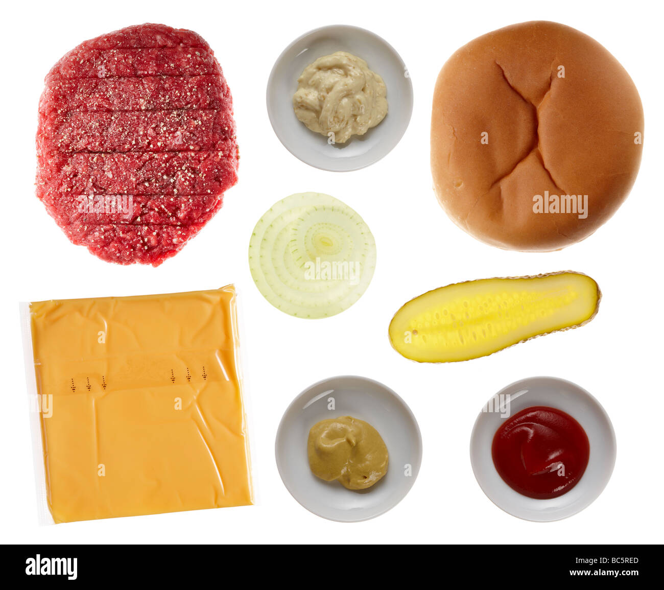 Ingredienti per Cheeseburger, vista in elevazione Foto Stock