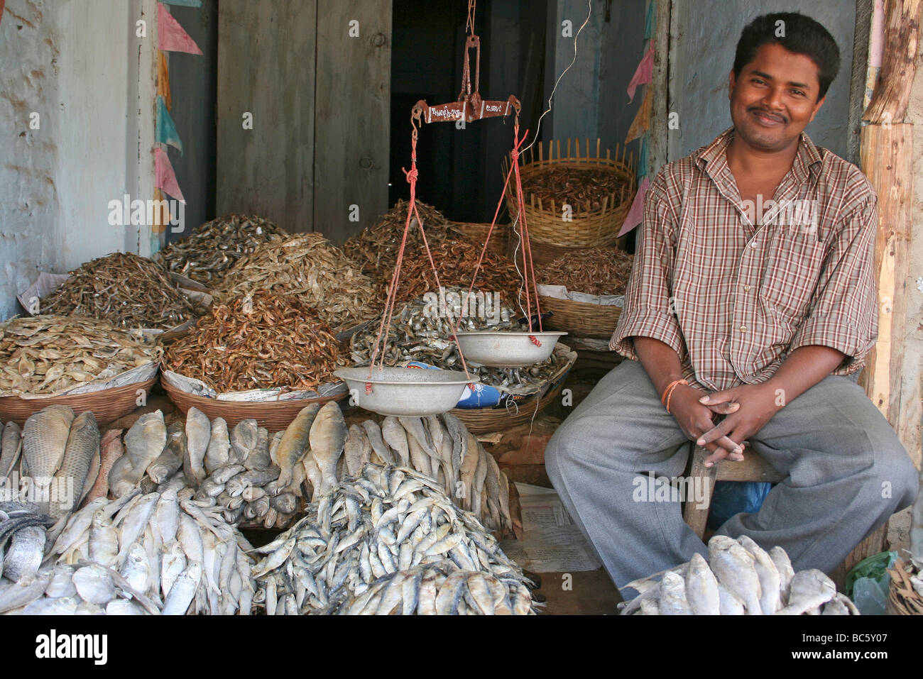 Pesci secchi venditore sul suo mercato in stallo Sunakhala, Orissa, India Foto Stock