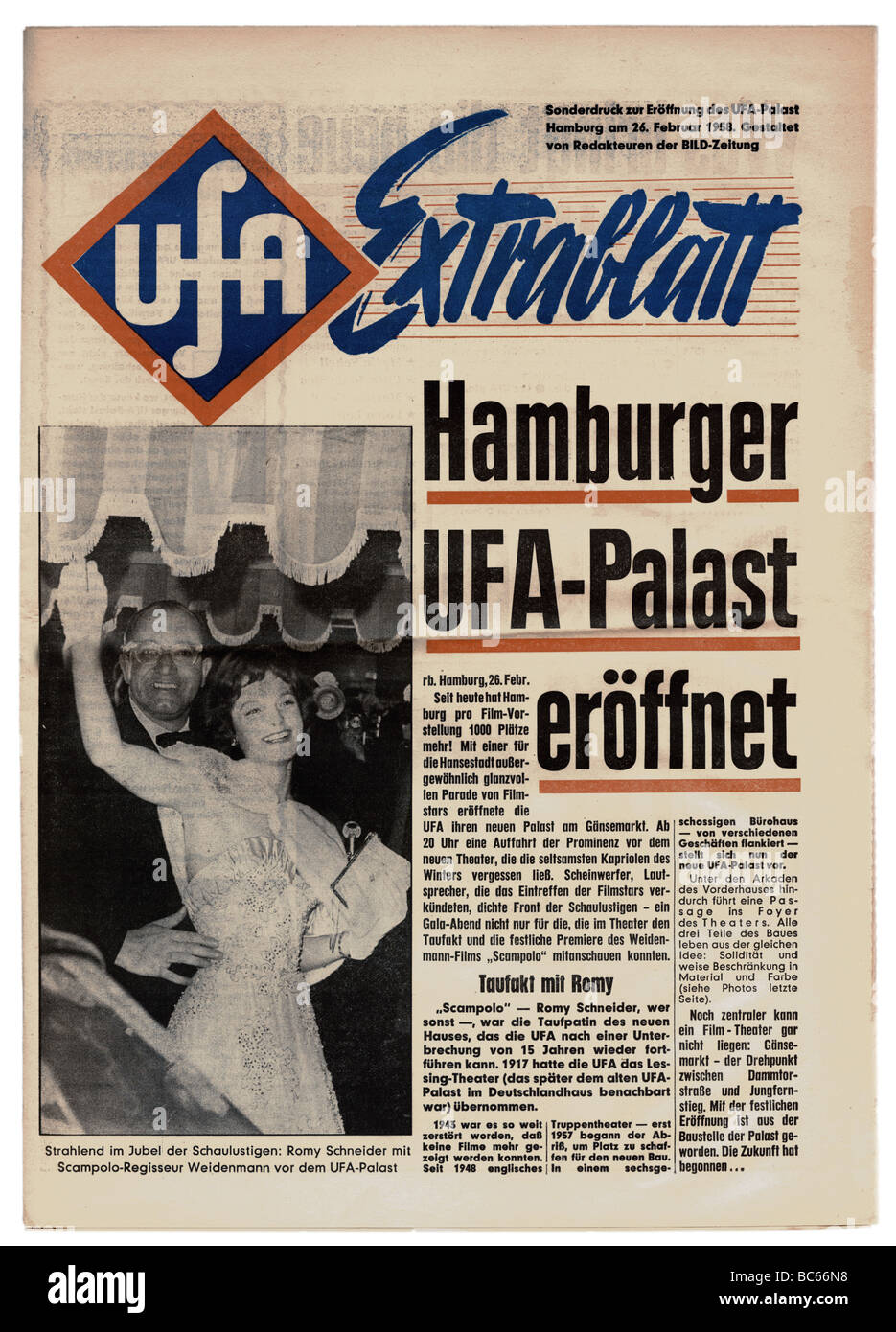 Stampa / media, supplemento speciale UFA al Palazzo UFA di Amburgo apertura, titolo, titolo, Amburgo, 26.2.1958, Foto Stock
