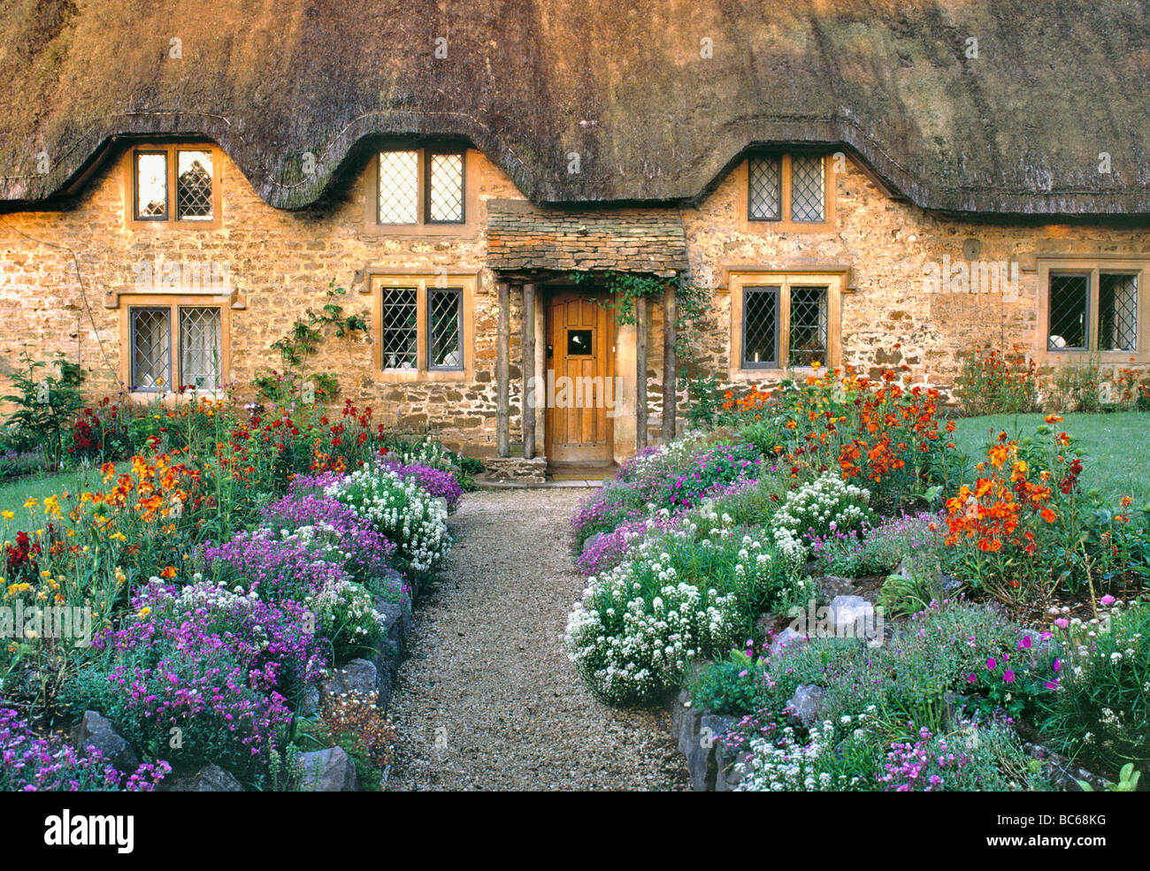 Presto la luce del mattino riscalda il golden Cotswold pietre di questo cottage con tetto in paglia vicino a Chippenham Inghilterra Foto Stock