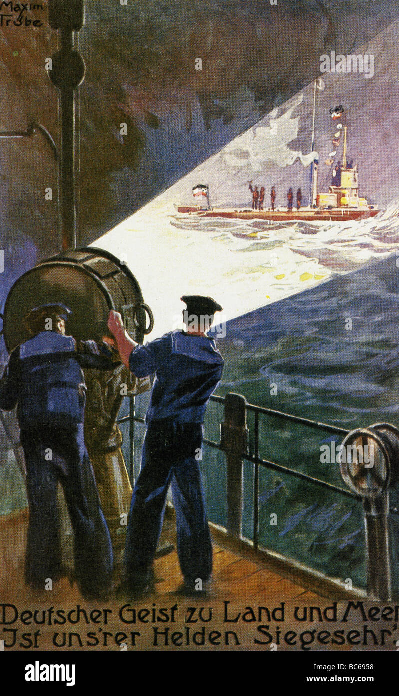 Eventi, Prima guerra mondiale / prima guerra mondiale, propaganda, 'Deutscher Geist zu Land und Meer ist unsrer Helden Siegesehr' (lo spirito tedesco a terra e in mare è la nostra gloria di eroi` in vittoria) disegno, da Maxim Truebe, Germania, circa 1915, Foto Stock
